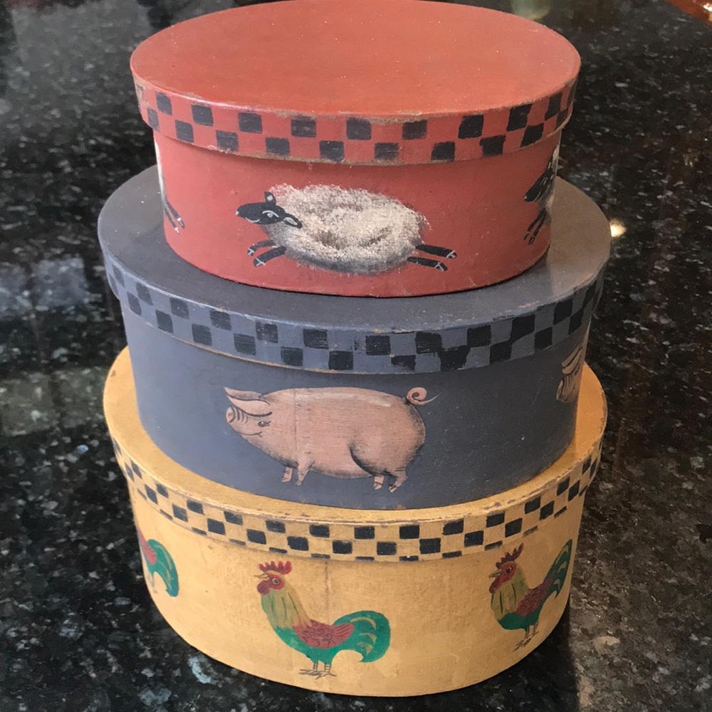 Large Folk Art unique handpainted stacking boxes.
